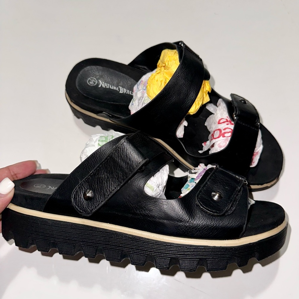 Nature Breeze faux leather adjustable buckle double strap platform sandals